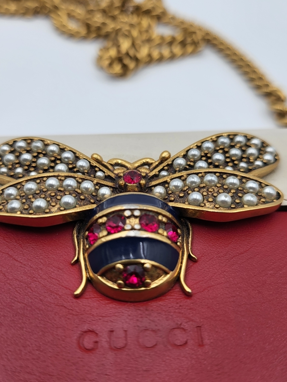 GUCCI Calfskin Queen Margaret Chain Wallet Blue Agata Hibiscus Red Mystic White. - Picture 2 of 16